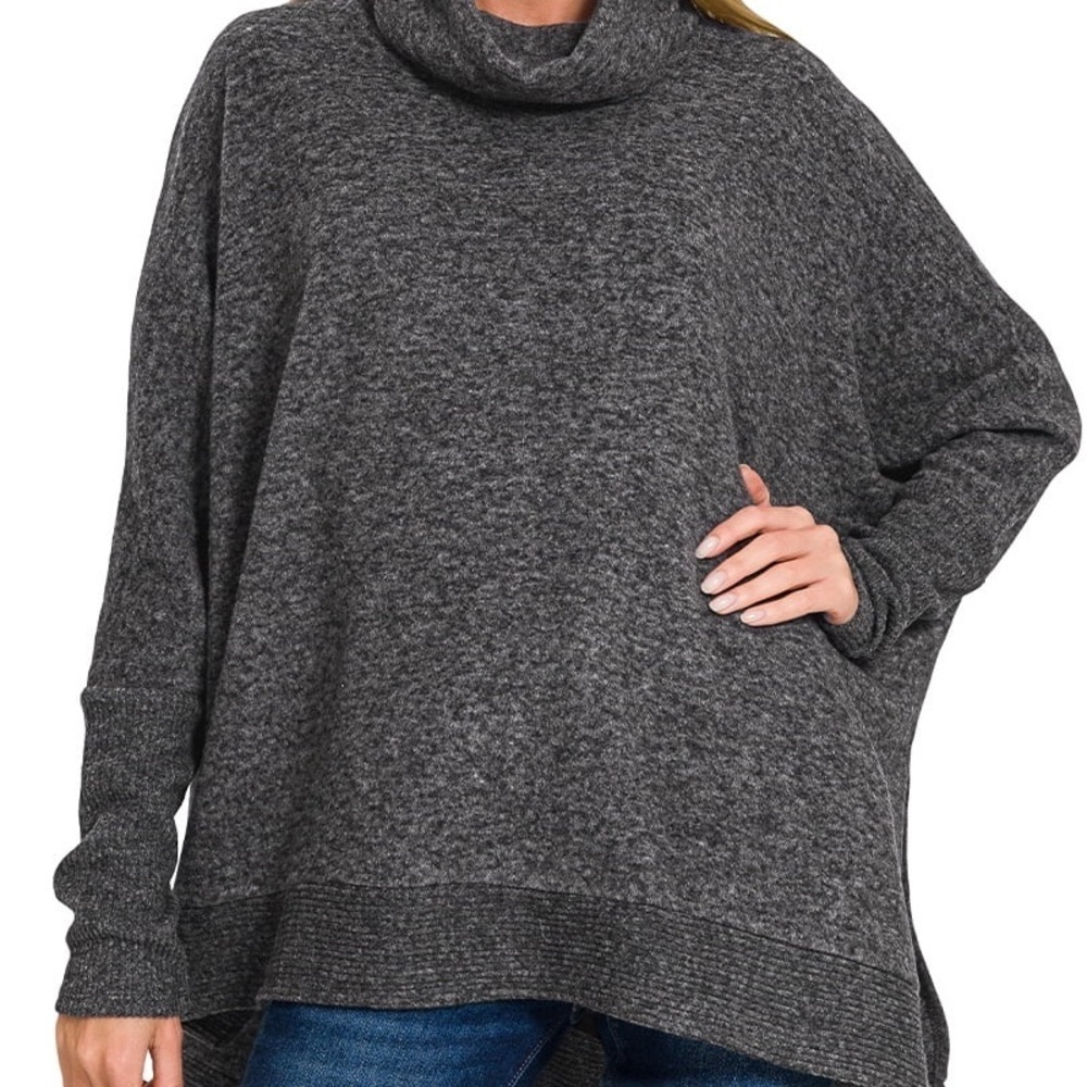 Oversized Sweater Women size Large Olive Green Turtleneck Hi Low hem Loose Fit - Picture 11 of 12